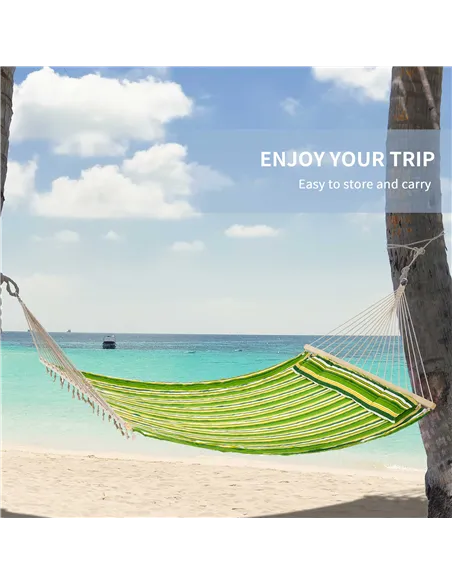 Outsunny Double Cotton Hammock Camping Swing Outdoor Garden Beach Stripe Hanging Bed with Pillow, 188 x 140 cm, 180 KG Capacity,