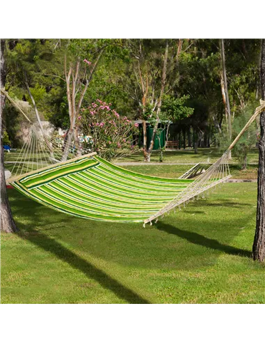 Outsunny Double Cotton Hammock Camping Swing Outdoor Garden Beach Stripe Hanging Bed with Pillow, 188 x 140 cm, 180 KG Capacity,