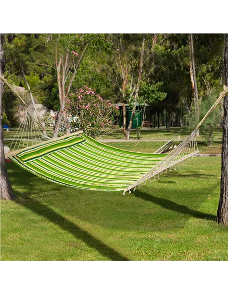 Outsunny Double Cotton Hammock Camping Swing Outdoor Garden Beach Stripe Hanging Bed with Pillow, 188 x 140 cm, 180 KG Capacity,