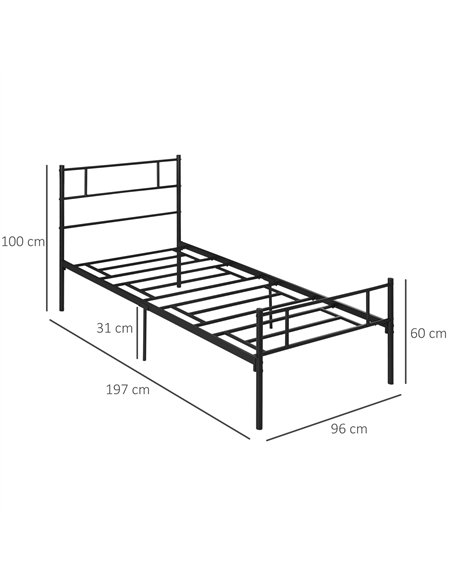 HOMCOM Single Metal Bed Frame Solid Bedstead Base with Headboard and Footboard, Metal Slat Support and Underbed Storage Space, B