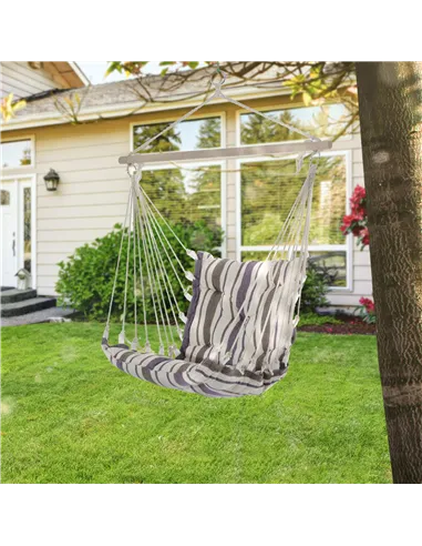 Outsunny Outdoor Hanging Rope Chair with Soft Padded Seat & Backrest, Garden Hammock Chair with Wooden Support Bar Cotton Cloth,