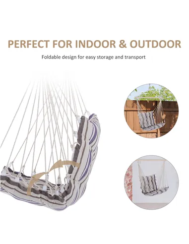 Outsunny Outdoor Hanging Rope Chair with Soft Padded Seat & Backrest, Garden Hammock Chair with Wooden Support Bar Cotton Cloth,