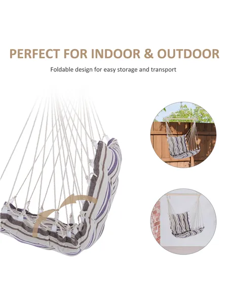 Outsunny Outdoor Hanging Rope Chair with Soft Padded Seat & Backrest, Garden Hammock Chair with Wooden Support Bar Cotton Cloth,