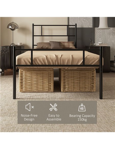 HOMCOM Single Metal Bed Frame Solid Bedstead Base with Headboard and Footboard, Metal Slat Support and Underbed Storage Space, B