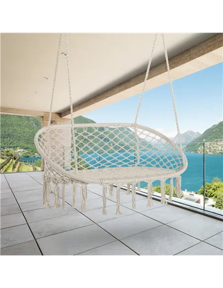 Outsunny Hanging Hammock Chair Cotton Rope Porch Swing with Metal Frame, Large Macrame Seat for Patio, Garden, Bedroom, Living R