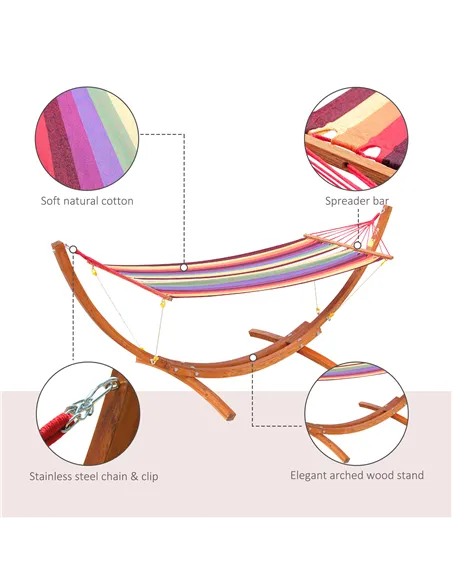 Outsunny Outdoor Hammock with Stand, Free Standing Hammock with Arc Wooden Frame and 200 x 100cm Fabric, Garden Swing Hanging Be