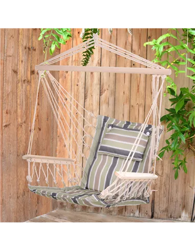Outsunny Garden Outdoor Hanging Hammock Chair Thick Rope Frame Wooden Arms Safe Wide Seat Garden Outdoor Spot Stylish Multicolou