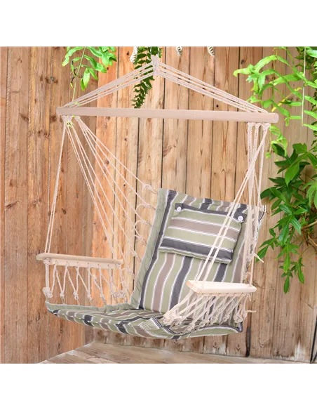 Outsunny Garden Outdoor Hanging Hammock Chair Thick Rope Frame Wooden Arms Safe Wide Seat Garden Outdoor Spot Stylish Multicolou
