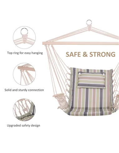 Outsunny Garden Outdoor Hanging Hammock Chair Thick Rope Frame Wooden Arms Safe Wide Seat Garden Outdoor Spot Stylish Multicolou