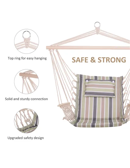 Outsunny Garden Outdoor Hanging Hammock Chair Thick Rope Frame Wooden Arms Safe Wide Seat Garden Outdoor Spot Stylish Multicolou