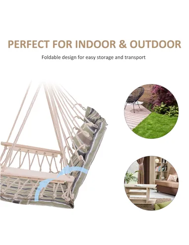 Outsunny Garden Outdoor Hanging Hammock Chair Thick Rope Frame Wooden Arms Safe Wide Seat Garden Outdoor Spot Stylish Multicolou