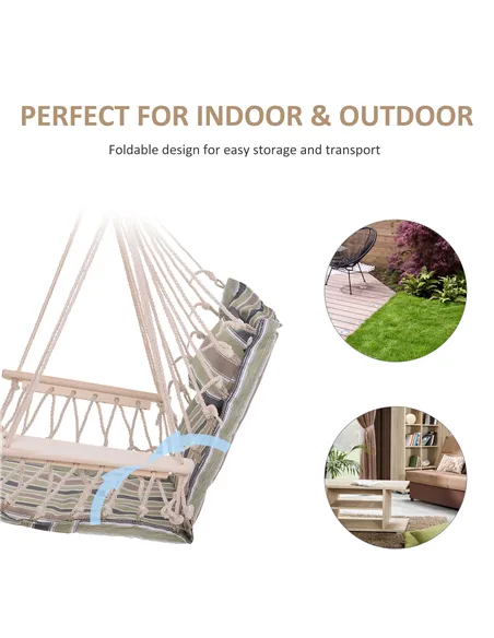 Outsunny Garden Outdoor Hanging Hammock Chair Thick Rope Frame Wooden Arms Safe Wide Seat Garden Outdoor Spot Stylish Multicolou