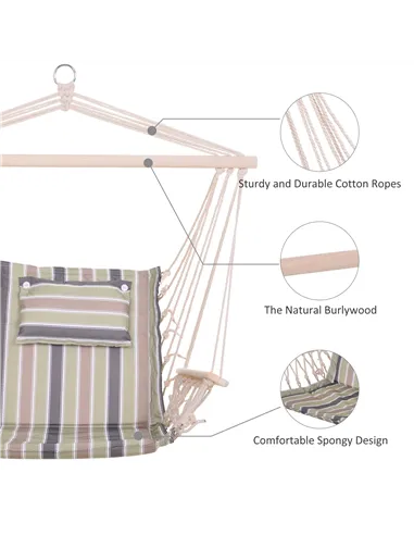 Outsunny Garden Outdoor Hanging Hammock Chair Thick Rope Frame Wooden Arms Safe Wide Seat Garden Outdoor Spot Stylish Multicolou