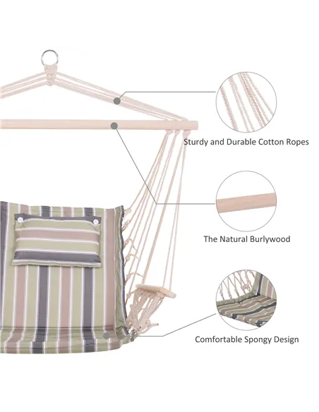 Outsunny Garden Outdoor Hanging Hammock Chair Thick Rope Frame Wooden Arms Safe Wide Seat Garden Outdoor Spot Stylish Multicolou