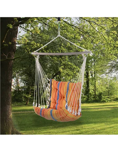 Outsunny Outdoor Hanging Rope Chair with Soft Padded Seat & Backrest, Garden Hammock Chair with Wooden Support Bar Cotton Cloth,