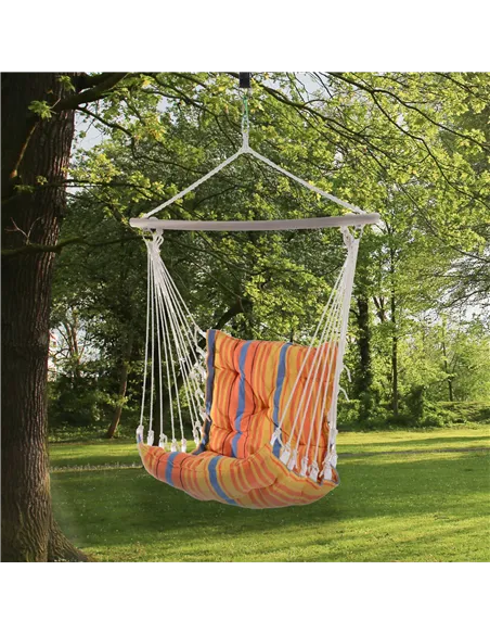 Outsunny Outdoor Hanging Rope Chair with Soft Padded Seat & Backrest, Garden Hammock Chair with Wooden Support Bar Cotton Cloth,