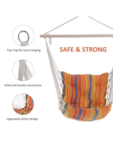 Outsunny Outdoor Hanging Rope Chair with Soft Padded Seat & Backrest, Garden Hammock Chair with Wooden Support Bar Cotton Cloth,