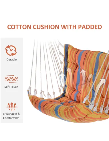 Outsunny Outdoor Hanging Rope Chair with Soft Padded Seat & Backrest, Garden Hammock Chair with Wooden Support Bar Cotton Cloth,