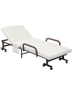 HOMCOM Folding Bed with Mattress, Single Guest Bed, Portable Fold Bed with Adjustable Backrest, Metal Frame on Wheels, White, 19
