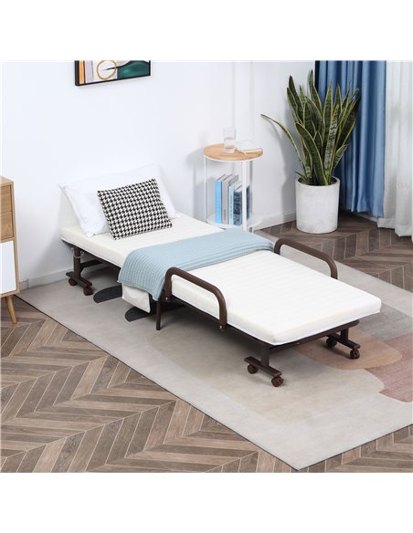 HOMCOM Folding Bed with Mattress, Single Guest Bed, Portable Fold Bed with Adjustable Backrest, Metal Frame on Wheels, White, 19