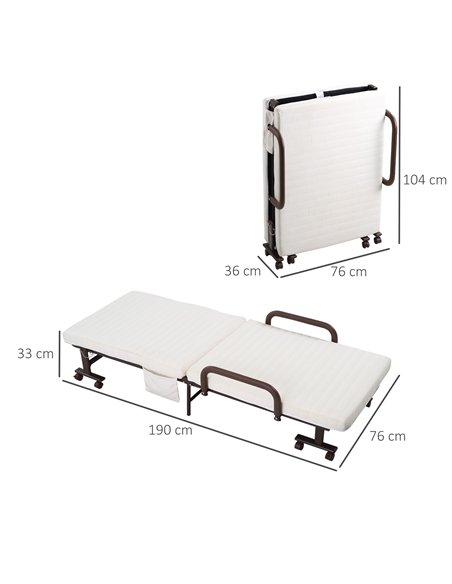 HOMCOM Folding Bed with Mattress, Single Guest Bed, Portable Fold Bed with Adjustable Backrest, Metal Frame on Wheels, White, 19