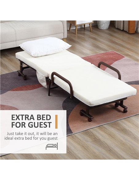 HOMCOM Folding Bed with Mattress, Single Guest Bed, Portable Fold Bed with Adjustable Backrest, Metal Frame on Wheels, White, 19