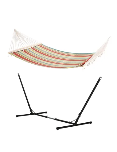 Outsunny Outdoor Garden Hammock with Stand, Double Cotton Hammock with Adjustable Steel Frame, Swing Hanging Bed with Pillow, fo