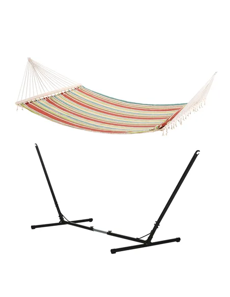 Outsunny Outdoor Garden Hammock with Stand, Double Cotton Hammock with Adjustable Steel Frame, Swing Hanging Bed with Pillow, fo