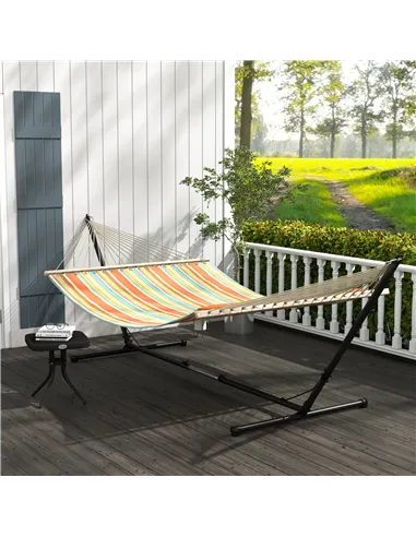Outsunny Outdoor Garden Hammock with Stand, Double Cotton Hammock with Adjustable Steel Frame, Swing Hanging Bed with Pillow, fo