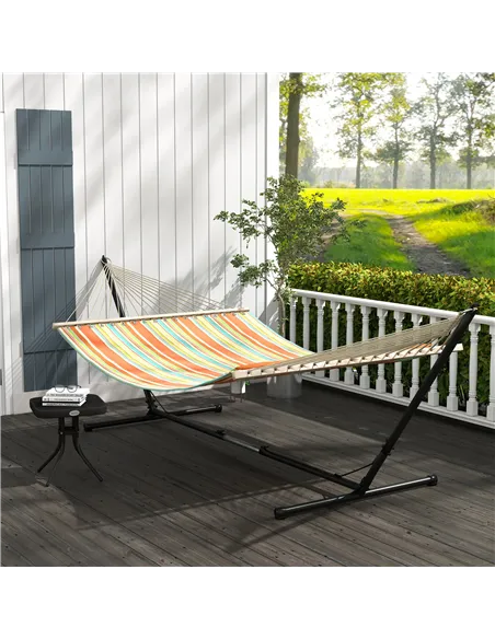 Outsunny Outdoor Garden Hammock with Stand, Double Cotton Hammock with Adjustable Steel Frame, Swing Hanging Bed with Pillow, fo