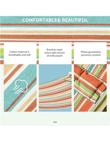 Outsunny Outdoor Garden Hammock with Stand, Double Cotton Hammock with Adjustable Steel Frame, Swing Hanging Bed with Pillow, fo