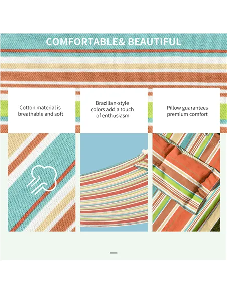 Outsunny Outdoor Garden Hammock with Stand, Double Cotton Hammock with Adjustable Steel Frame, Swing Hanging Bed with Pillow, fo