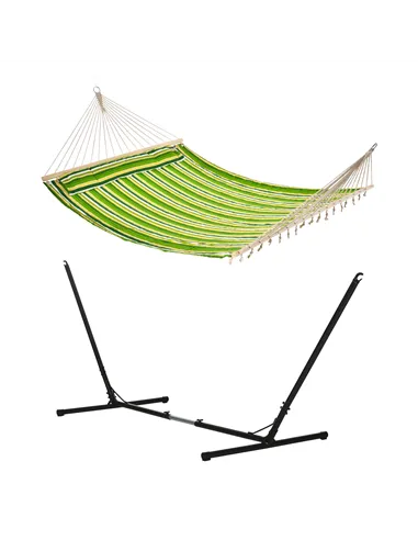 Outsunny Outdoor Garden Hammock with Stand, Double Cotton Hammock with Adjustable Steel Frame, Swing Hanging Bed with Pillow, fo