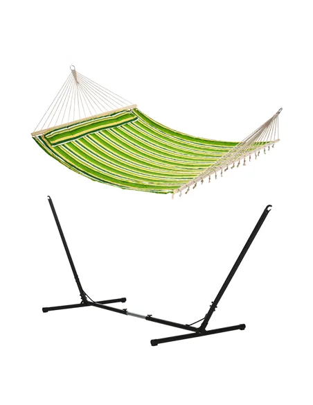 Outsunny Outdoor Garden Hammock with Stand, Double Cotton Hammock with Adjustable Steel Frame, Swing Hanging Bed with Pillow, fo