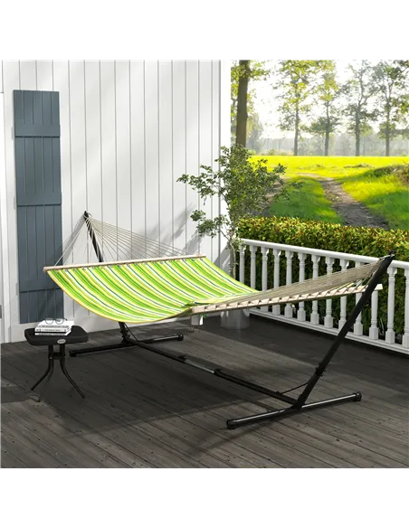 Outsunny Outdoor Garden Hammock with Stand, Double Cotton Hammock with Adjustable Steel Frame, Swing Hanging Bed with Pillow, fo