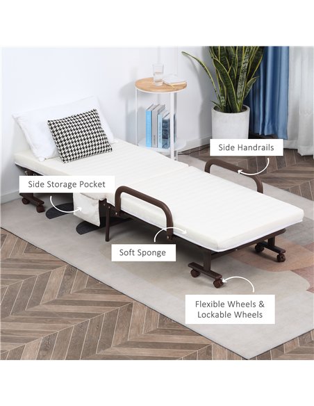 HOMCOM Folding Bed with Mattress, Single Guest Bed, Portable Fold Bed with Adjustable Backrest, Metal Frame on Wheels, White, 19