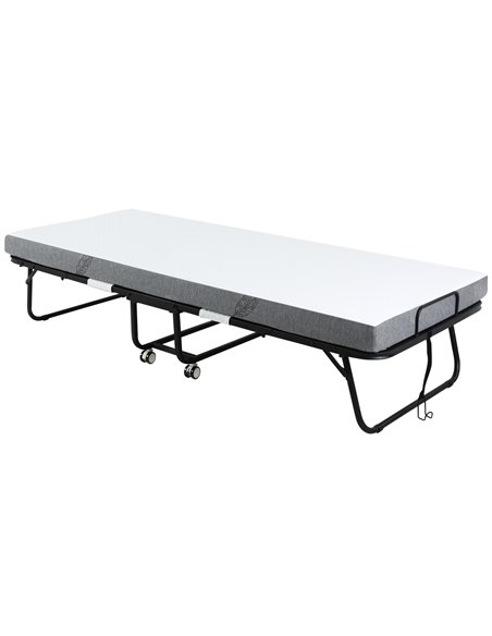 HOMCOM Folding Bed with 10cm Mattress, Portable Foldable Guest Bed with Sturdy Metal Frame on Wheels