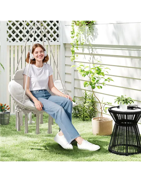 Outsunny Hanging Chair Outdoor Hammock Chair with Soft Cushion, Cotton Rope Boho Style Swing Chair, Hanging Garden Swing Seat fo