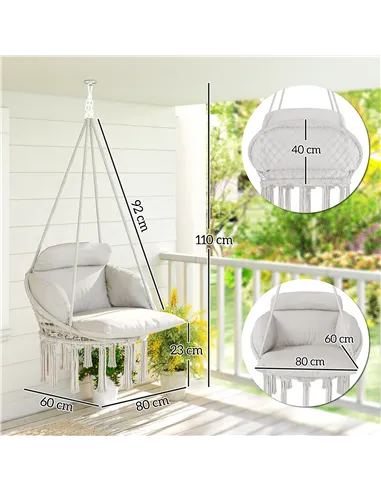 Outsunny Hanging Chair Outdoor Hammock Chair with Soft Cushion, Cotton Rope Boho Style Swing Chair, Hanging Garden Swing Seat fo