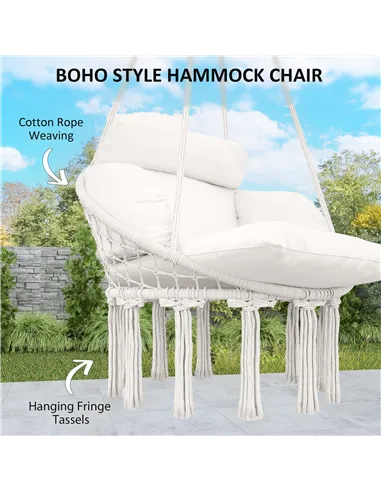 Outsunny Hanging Chair Outdoor Hammock Chair with Soft Cushion, Cotton Rope Boho Style Swing Chair, Hanging Garden Swing Seat fo