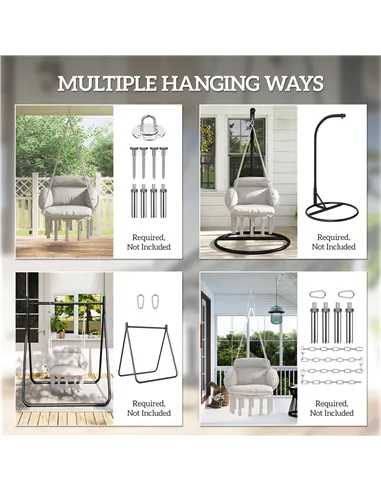 Outsunny Hanging Chair Outdoor Hammock Chair with Soft Cushion, Cotton Rope Boho Style Swing Chair, Hanging Garden Swing Seat fo