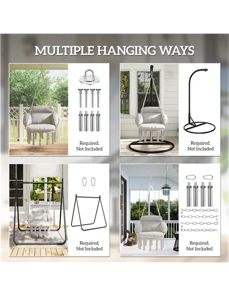 Outsunny Hanging Chair Outdoor Hammock Chair with Soft Cushion, Cotton Rope Boho Style Swing Chair, Hanging Garden Swing Seat fo