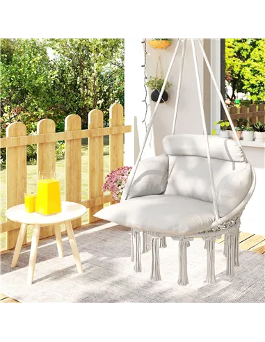 Outsunny Hanging Chair Outdoor Hammock Chair with Soft Cushion, Cotton Rope Boho Style Swing Chair, Hanging Garden Swing Seat fo