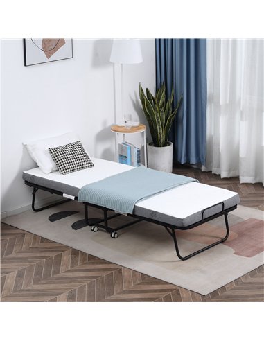 HOMCOM Folding Bed with 10cm Mattress, Portable Foldable Guest Bed with Sturdy Metal Frame on Wheels