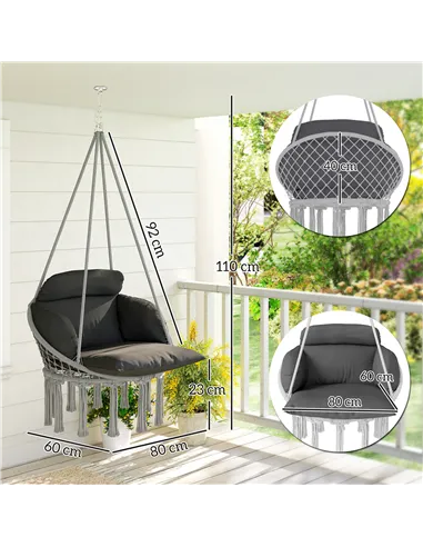 Outsunny Hanging Chair Outdoor Hammock Chair with Soft Cushion, Cotton Rope Boho Style Swing Chair, Hanging Garden Swing Seat fo