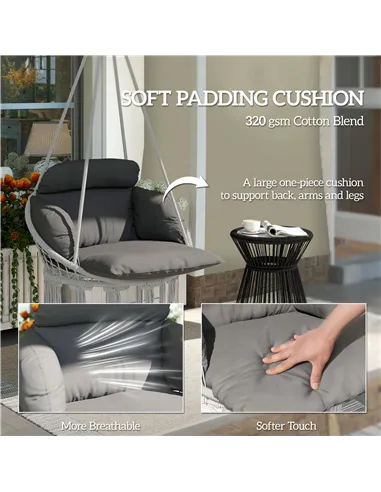 Outsunny Hanging Chair Outdoor Hammock Chair with Soft Cushion, Cotton Rope Boho Style Swing Chair, Hanging Garden Swing Seat fo