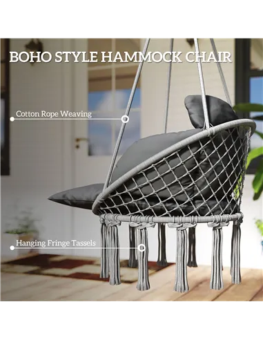 Outsunny Hanging Chair Outdoor Hammock Chair with Soft Cushion, Cotton Rope Boho Style Swing Chair, Hanging Garden Swing Seat fo