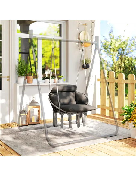 Outsunny Hanging Chair Outdoor Hammock Chair with Soft Cushion, Cotton Rope Boho Style Swing Chair, Hanging Garden Swing Seat fo