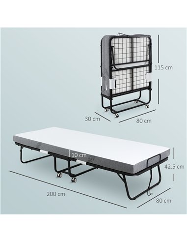 HOMCOM Folding Bed with 10cm Mattress, Portable Foldable Guest Bed with Sturdy Metal Frame on Wheels