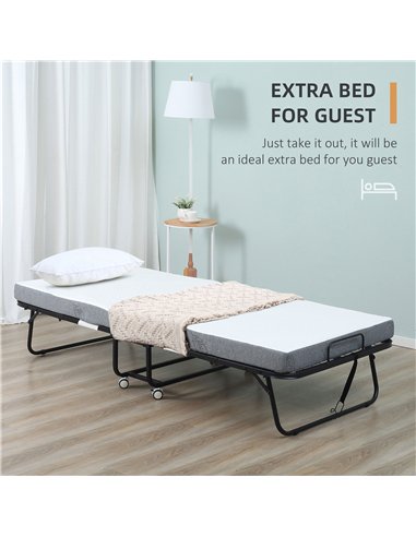 HOMCOM Folding Bed with 10cm Mattress, Portable Foldable Guest Bed with Sturdy Metal Frame on Wheels